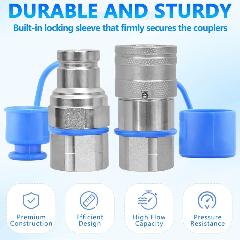 Cplbrb 3/8’’ NPT Flat Face Hydraulic Quick Connect Couplers/Couplings with Dust Caps, The Universal Bobcat Flat Face Quick Connect Fittings with with 3/8’’ Body ISO 16028 Standard-2Set - Image 4